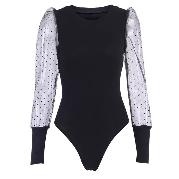 Tops - Mesh Polka Dot Sleeve Bodysuit